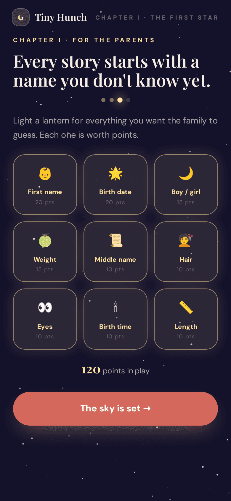 Choosing which categories the family will guess, shown as nine glowing lantern cards